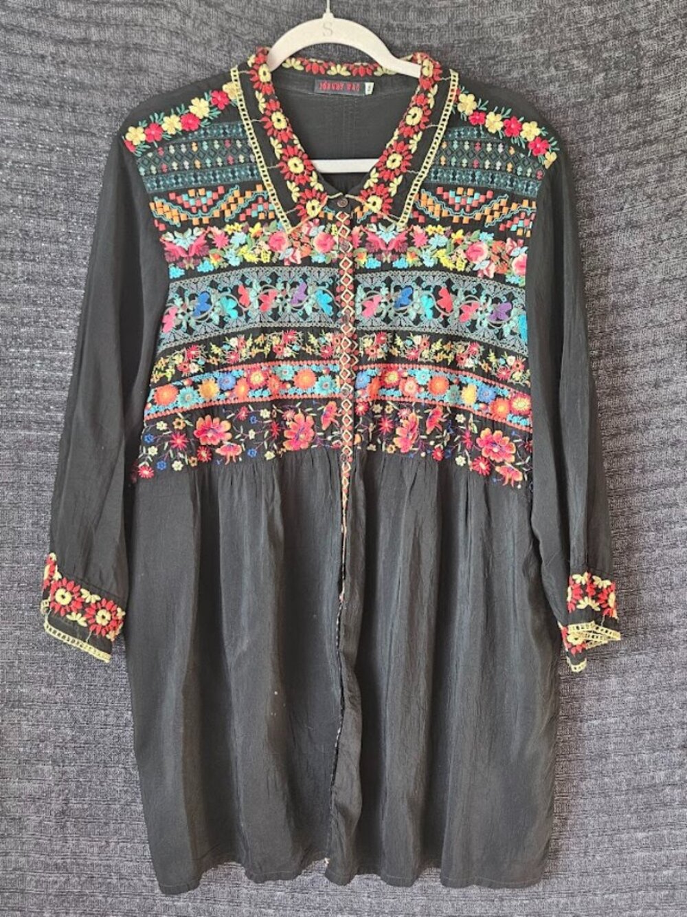 Johnny Was Black Embroidered Tunic Blouse Floral Boho Button Front Top Plus 1X